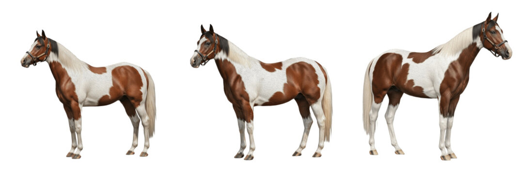American Paint Horse Equus ferus caballus isolated on white background, USA stock horse breed with tobiano and overo coat patterns, western riding and ranch horse studio cutout