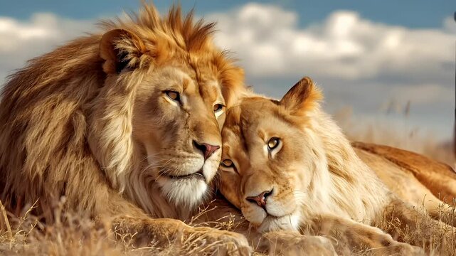 Romantic love theme for Valentines Day. Two majestic lions in a grassy field, their fur a rich brown and cream. The sky behind them is a blend of blue and white, creating a serene atmosphere.