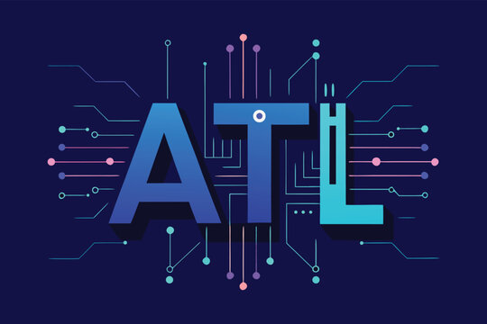 Digital illustration featuring stylized 'ATL' text intertwined with a glowing circuit board network, symbolizing advanced technology and global data connectivity