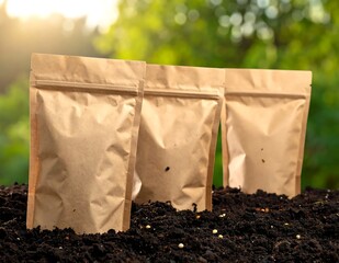 Three brown paper bags standing in soil with a blurred green background.
