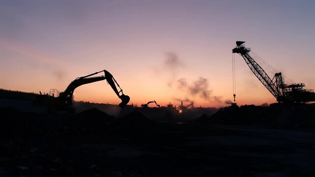 Excavators operating in a large sandpit at a mine during sunset with industrial machinery silhouetted against the sky