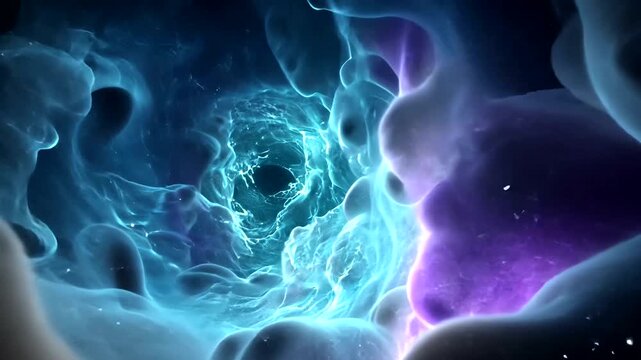 Abstract glowing tunnel of blue, purple, and white ethereal forms, a cosmic flow