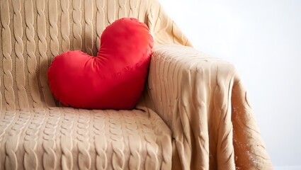 Fototapeta premium Bright red heart shaped cushion resting on a cozy beige textured armchair with soft fabric folds in a warm home setting