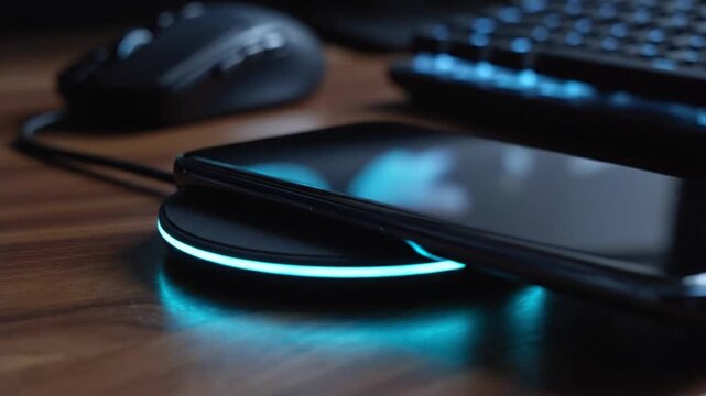 Smartphone wirelessly charging on a sleek black pad on a wooden desk surrounded by computer peripherals