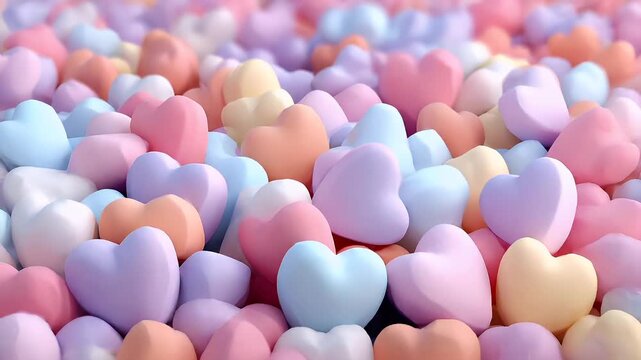 Romantic love theme for Valentines Day. A vibrant array of pastelcolored heartshaped candies, each with a glossy finish, set against a blurred background, suggesting a festive atmosphere.