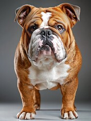 Fototapeta premium Brindle bulldog stands, facing front. White chest, wrinkled face, short-legged