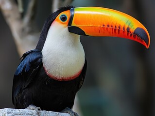 Fototapeta premium Brightly colored toucan with a huge beak perches on a stone surface