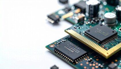 A macro close up of a green electronic motherboard highlights the intricate digital technology of a hardware circuit board featuring a microchip CPU processor and various semiconductor components