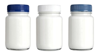 Three White Pill Bottles with Different Colored Caps on a White Background.
