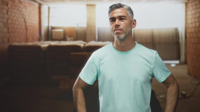 Man with hands raised near face wearing mint t shirt gesturing in an empty brick building, visible palms and forearms; thoughtful reflection.