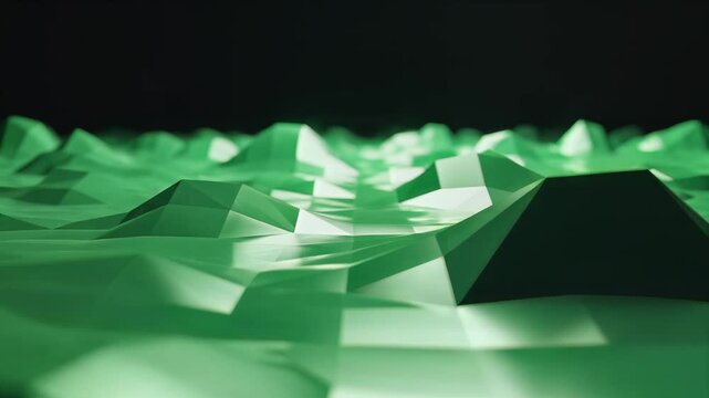 Abstract 3D green geometric shapes with dramatic lighting.