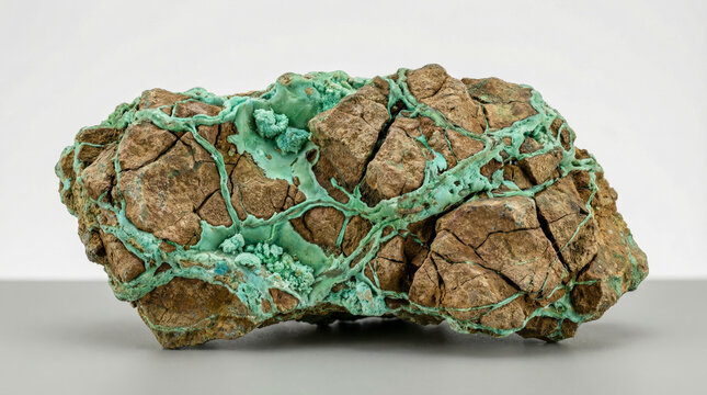 Light green earthy aggregate of garnierite filling fractures in a brown weathered serpentinite rock.