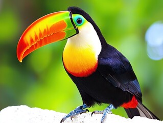 Fototapeta premium Colorful toucan perched, bright beak against blurred green foliage background