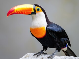 Fototapeta premium Colorful toucan perched on a white rock, featuring bright beak and detailed feathers