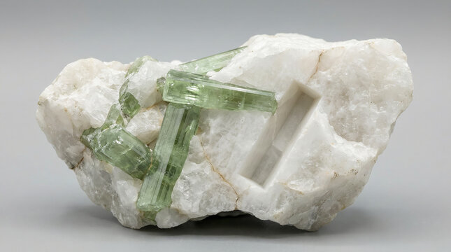 Short prismatic green diopside crystals embedded in a massive white marble matrix.