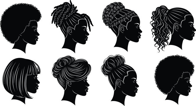 Black woman profile silhouette set with natural hair, afro, braids, dreadlocks, curls, bun, and bob hairstyles for beauty and fashion.