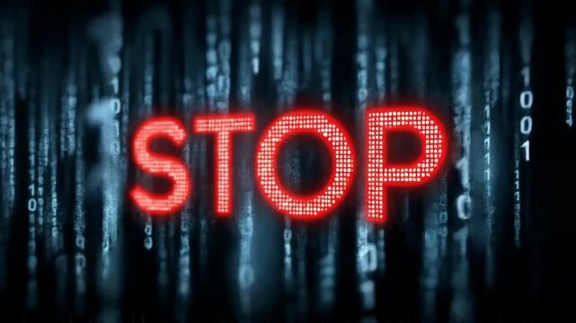 Stop sign warning alert cyber background data security risk digital matrix red neon glow urgent message cyber security data breach warning alert digital glitch hacker threat matrix background binary