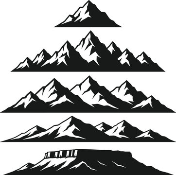 Mountain range silhouette set with peak peaks, rocky ridges, hill outlines, and plateau summits for outdoor travel and adventure design.
