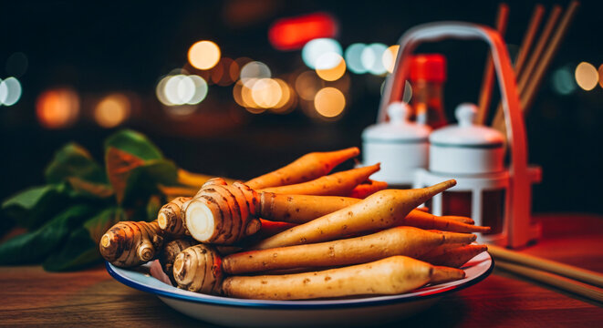 Fingerroot, on market lights bokeh, market lights bokeh