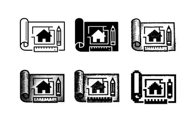 Obraz premium Architectural blueprint with house icon, ruler, and pencil, representing design and planning