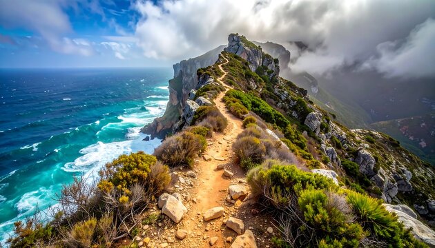 Dangerous Narrow Rocky Ledge Path Overlooking the Ocean - Coastal Cliff Trail