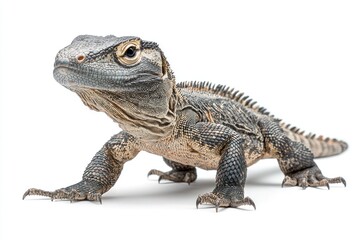 Obraz premium Lizard with textured skin, isolated on white, in a low-angle, eye-level portrait