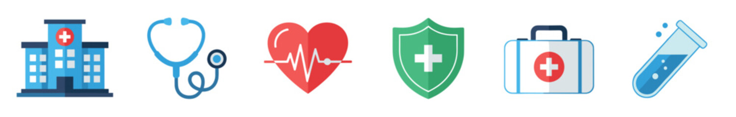 Fototapeta premium Set of medical and healthcare icons in a colorful flat design style, including a hospital, stethoscope, heart with cardiogram, protection shield, first aid kit, and a test tube