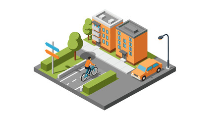 Obraz premium Isometric urban scene with cyclist and city buildings in modern style