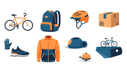 Cycling gear collection: backpack, helmet, bicycle, sportswear, accessories