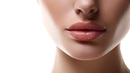Fototapeta premium Close-up of Woman's Full Lips with Pink Glossy Lipstick on White Background, Beauty Concept for Cosmetic Branding and Lip Care Products