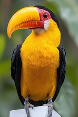 Fototapeta premium Vivid toucan with yellow and red bill perched against blurred green foliage background