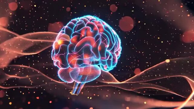 A glowing blue and red brain illustration floats in a dark space with orange lights.
