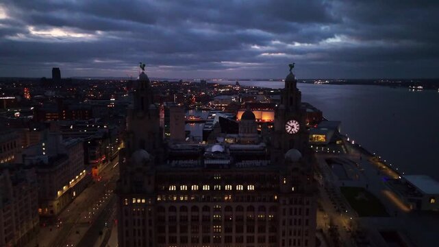 Drone Cinematic Fly-Through Between the Liver Birds, Liverpool Waterfront