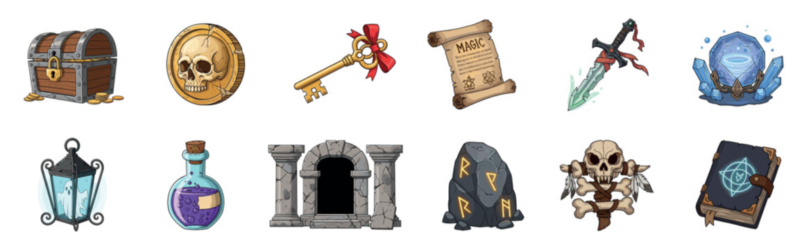 Collection of fantasy role-playing game items featuring a treasure chest, magic sword, potion, and spell book in a colorful cartoon illustration style for adventure and quest concepts