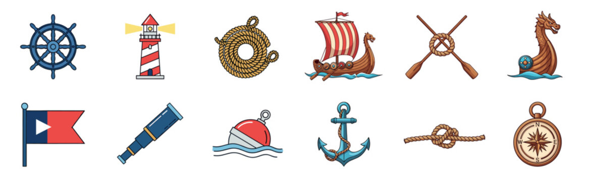 Collection of colorful nautical cartoon icons featuring a ship's wheel, lighthouse, anchor, Viking longship, compass, rope, and spyglass in a detailed illustrated set