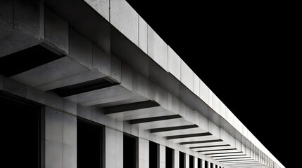 Obraz premium Low Angle Architectural View of a Modern Concrete Building Facade with Repeating Geometric Columns and Strong Shadows Against a Solid Black Background