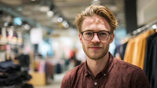 Portrait of a fashionable man wearing glasses and a maroon shirt, standing in a trendy apparel shop with blurred racks in the background. Modern style and positive mood reflect urban lifestyle trends