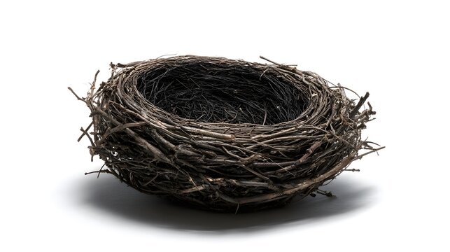 Realistic Empty Bird Nest Made of Twigs and Dried Grass Isolated on a Solid White Background, High Angle Studio Shot for Nature or Family Concepts