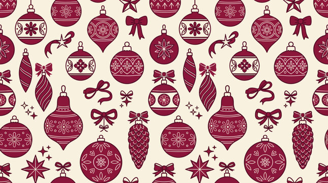 Seamless Christmas ornament pattern with maroon baubles, bells, stars, candy canes, and gift boxes on a white background