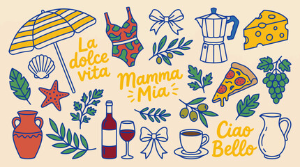 Vibrant Italian-inspired collage of iconic foods, drinks, and phrases like La Dolce Vita, Mamma Mia, and Ciao Bello for lifestyle and travel visuals
