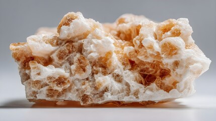 Macro Studio Shot of a Raw Peach Calcite Mineral Specimen with Translucent Honey Tones and White Crystalline Matrix on Neutral Gray