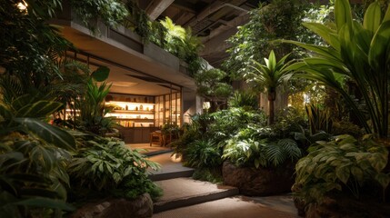 Lush Indoor Garden Oasis Featuring Tropical Plants and Modern Design Elements in Relaxing Atmosphere for Tranquil Living and Wellness Spaces