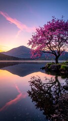 Serene waters reflect a pink blossom tree by a mountain under a vibrant sunset sky