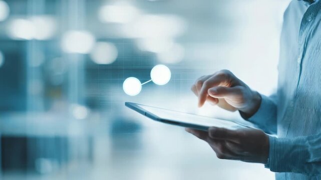 A close up of a person interacting with a touchscreen tablet, representing digital workflow and smart solutions. The background features a blurred office setting, emphasizing a tech driven atmosphere