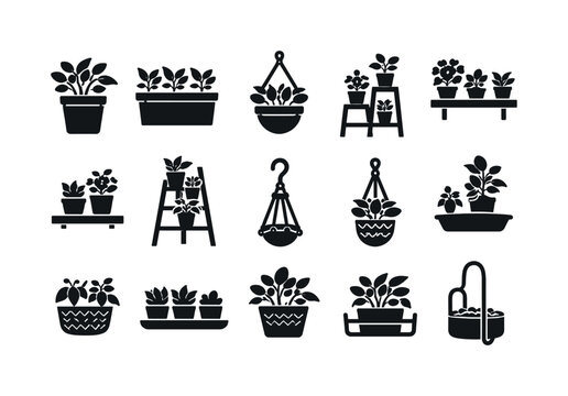 Solid vector icons of indoor plant containers: flowerpot, planterbox, hangingpot, potstand, shelf, ladder, hook, macrame, basket,
