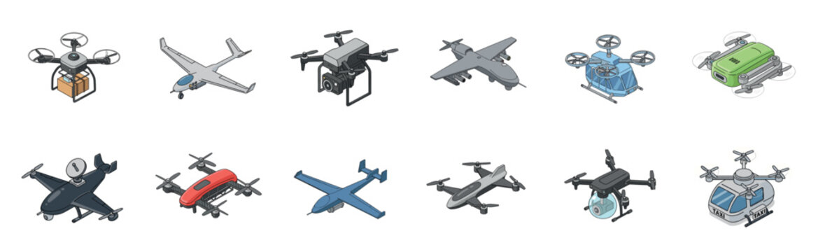 Diverse set of unmanned aerial vehicles and modern drones shown in a detailed isometric illustration, including quadcopters, fixed-wing planes, and a passenger transport concept