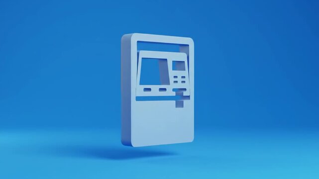 Minimalist orange ATM machine icon isolated on blue background, suitable for tech themes.