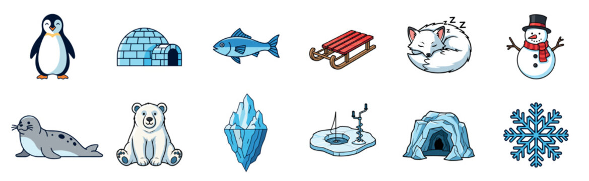 Set of colorful cartoon winter illustrations showing a penguin, polar bear, seal, sleeping fox, igloo, snowman, iceberg, sled, and a blue snowflake