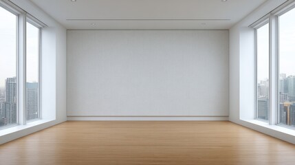 Fototapeta premium Empty Modern Room with Large Windows and Natural Light Overlooking City Skyline Ideal for Minimalist Interior Design and Contemporary Architecture