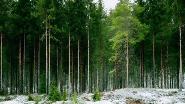 Spring snow ice thaw, end of Winter Season, hope, fresh start. A serene winter forest with tall pine trees standing tall against a backdrop of a clear sky.